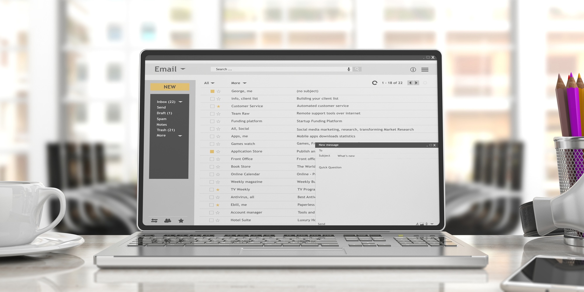 Emails on a laptop screen isolated on an desk, office background. 3d illustration