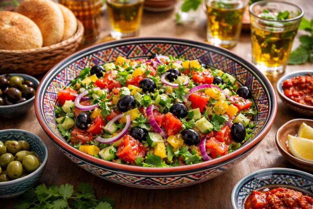 découvrez la salade marocaine, un mélange vibrant de saveurs et de couleurs, idéal pour un déjeuner convivial et rafraîchissant entre amis ou en famille.