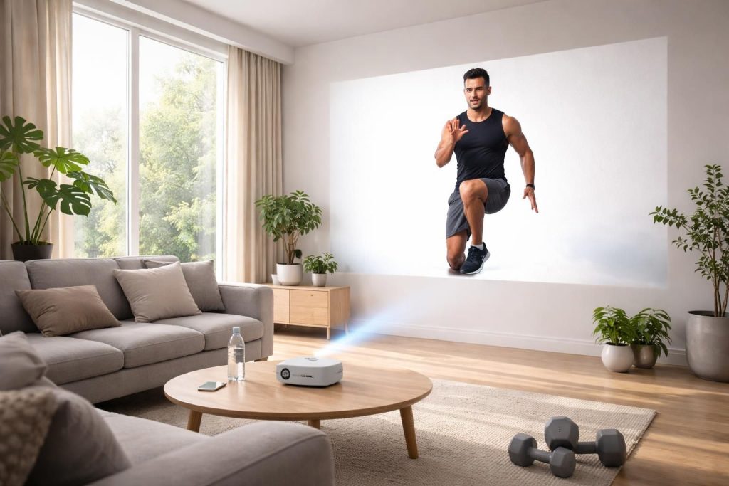découvrez le mini vidéoprojecteur acer, l'outil parfait pour transformer un mur de votre maison en un coach fitness interactif et motivant.