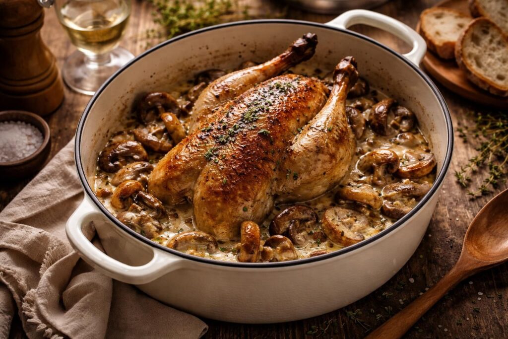 découvrez notre recette savoureuse de pintade en cocotte aux champignons et à la crème fraîche, parfaite pour régaler vos invités avec un plat gourmand et facile à préparer.