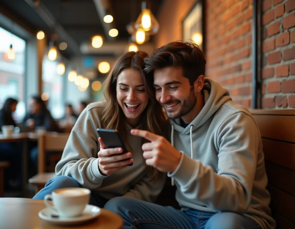 Deux amis découvrant ensemble un nouveau chapitre de manga sur un smartphone dans un café urbain