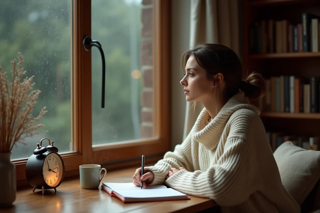 Femme contemplative devant une horloge affichant 22h55, journal ouvert et ambiance introspective évoquant la signification spirituelle des flammes jumelles