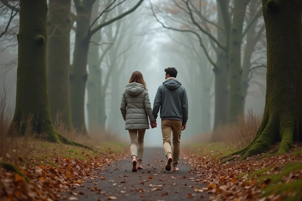 Couple marchant sur un chemin forestier automnal dans la brume, symbolisant le voyage des flammes jumelles et la guérison karmique de leur relation