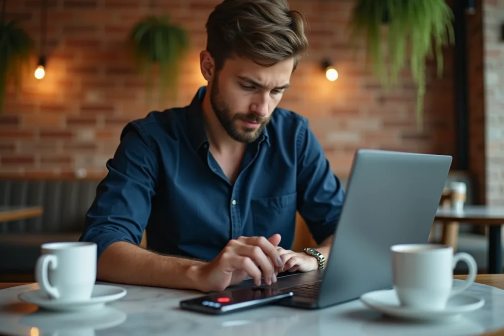 Homme en café regardant un appel entrant avec un indicatif pays sur son smartphone posé sur une table en marbre