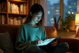 Jeune femme lisant des chapitres de manga sur une tablette dans un salon cosy entouré de volumes de manga