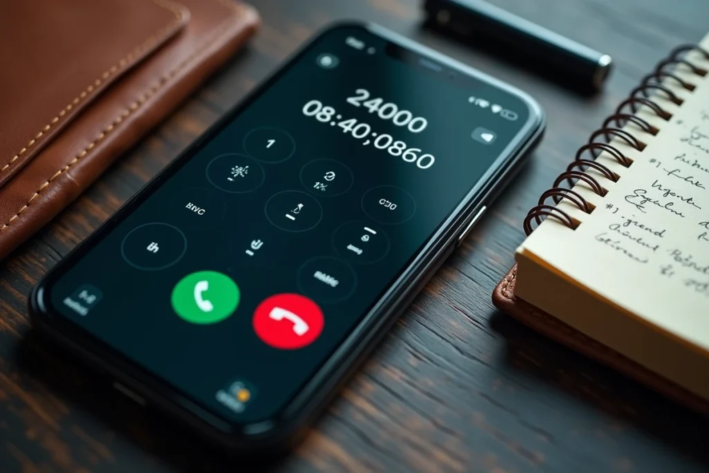 Vue du dessus d'un smartphone affichant un numéro international avec indicatif 49 posé sur une table en bois