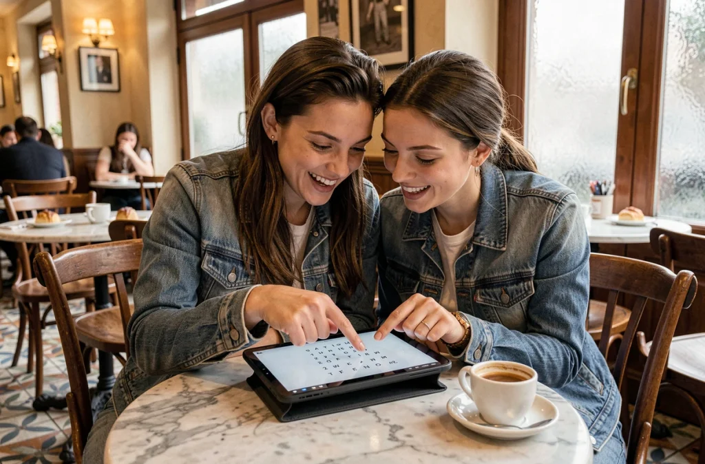 Deux amis jouant ensemble à Pedantix sur une tablette autour d'un café dans un bistrot parisien chaleureux