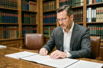 Avocat en costume gris consultant des documents juridiques dans un cabinet de droit français, illustrant la procédure civile et l'injonction de payer