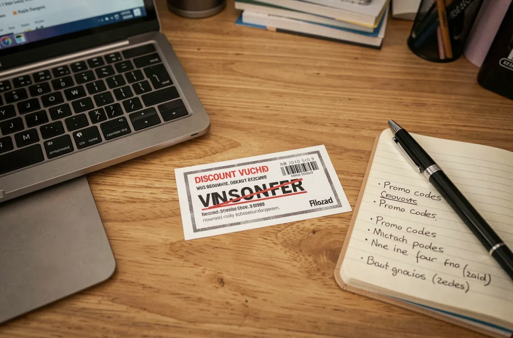 Vue en plongée d'un bon de réduction imprimé invalide posé sur un bureau avec un ordinateur portable
