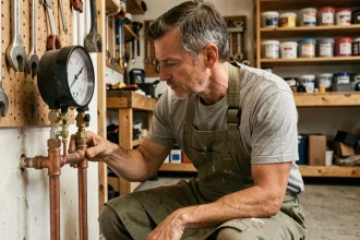 Bricoleur lisant un manomètre de pression murale dans un atelier de garage domestique