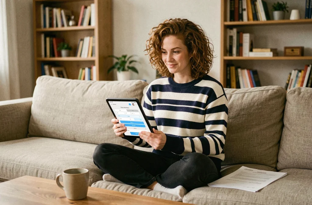Jeune femme calculant ses jours de congés payés entre deux dates sur une tablette depuis son canapé