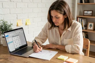 Femme calculant ses congés payés sur un calendrier papier avec un ordinateur portable affichant une calculatrice de dates