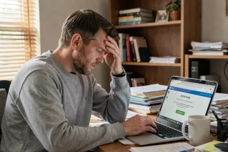 Homme frustré devant un code promo expiré sur son ordinateur portable à son bureau
