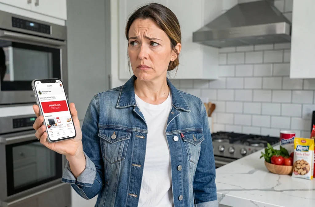 Femme confuse regardant un code de réduction invalide sur son smartphone dans une cuisine moderne