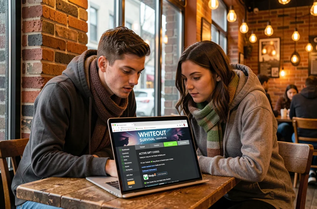 Deux joueurs consultant des codes cadeaux actifs pour Whiteout Survival sur un ordinateur portable dans un café urbain en hiver