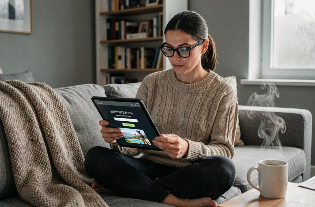 Femme utilisant une tablette pour entrer des codes de progression dans Whiteout Survival confortablement installée dans son salon