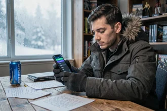 Joueur mobile consultant des codes secrets sur son smartphone pour le jeu Whiteout Survival dans un bureau hivernal