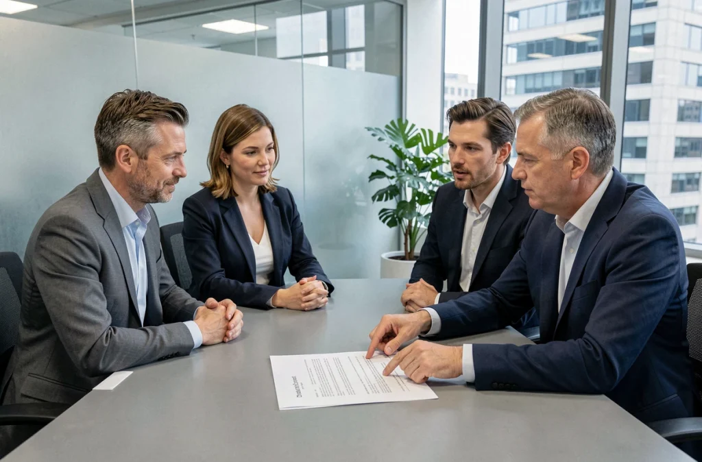 Conseil juridique expliquant l'article 750-1 du code de procédure civile à des clients lors d'une consultation sur une injonction de payer
