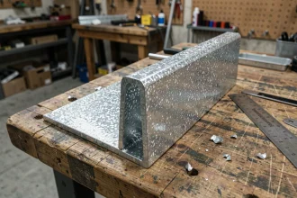 Cornière en L acier galvanisé posée sur un établi en bois avec texture de revêtement zinc visible en gros plan