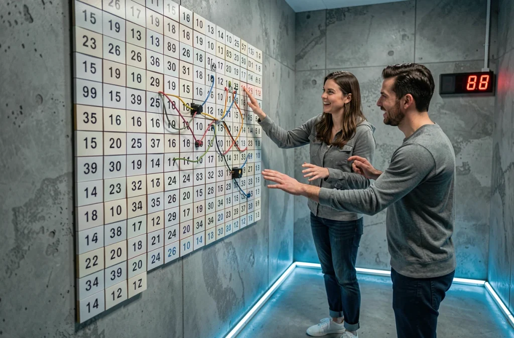 Deux joueurs collaborant sur un tableau d'énigmes mural dans une salle d'évasion moderne avec minuterie numérique