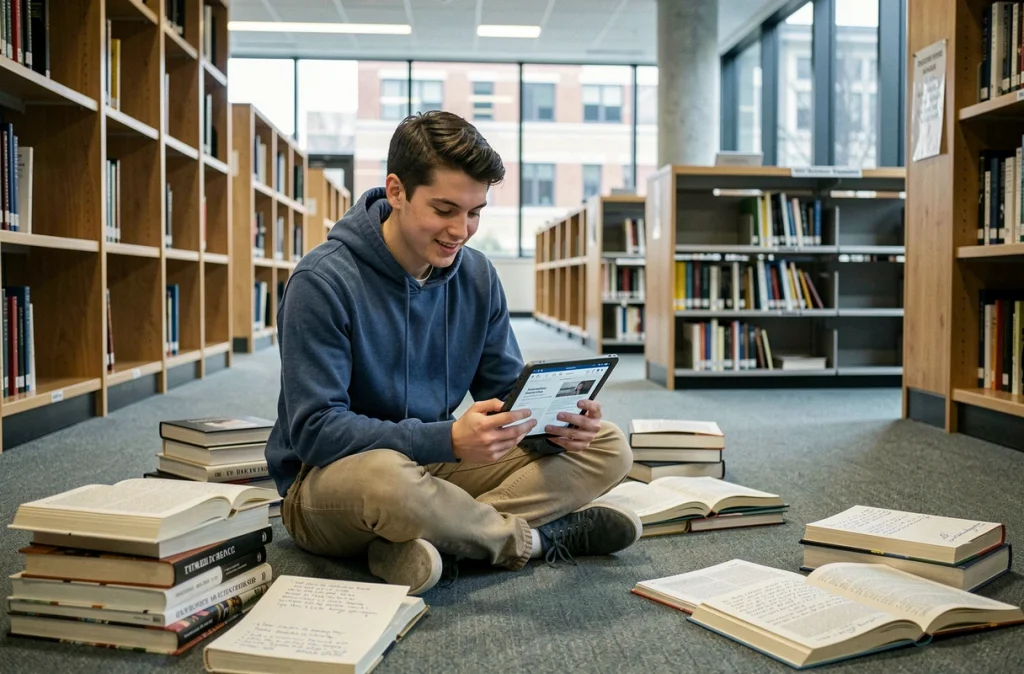 Étudiant universitaire recherchant des informations sur une encyclopédie en ligne collaborative depuis une tablette dans une bibliothèque moderne