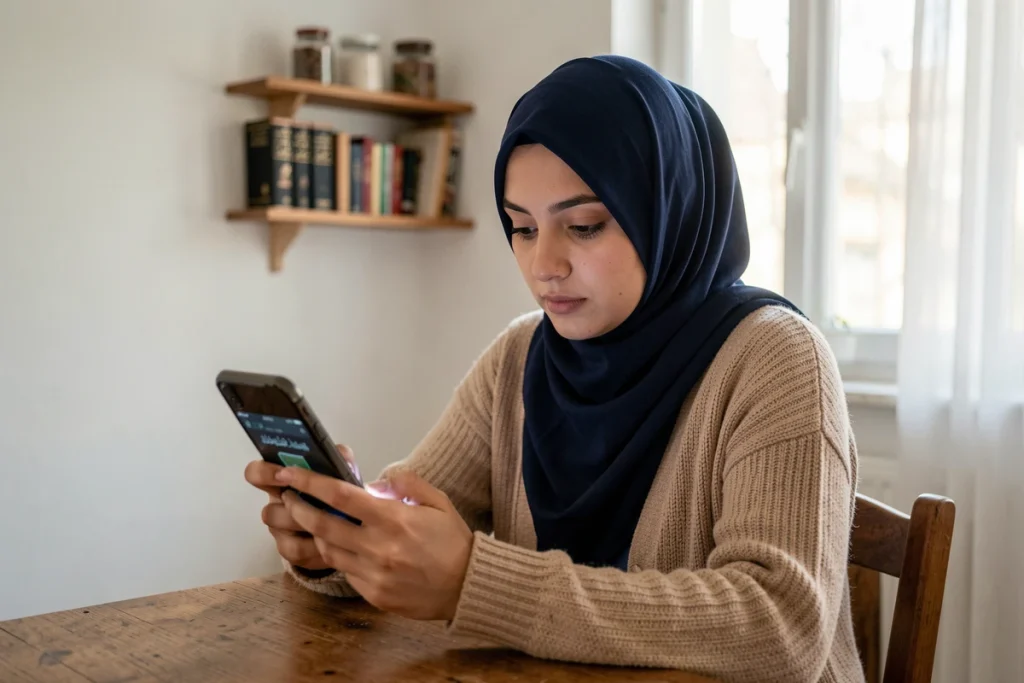 Femme musulmane consultant les horaires de prière sur son smartphone depuis chez elle