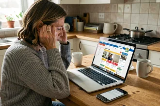 Femme inquiète consultant une annonce suspecte sur Le Bon Coin depuis son ordinateur portable à domicile