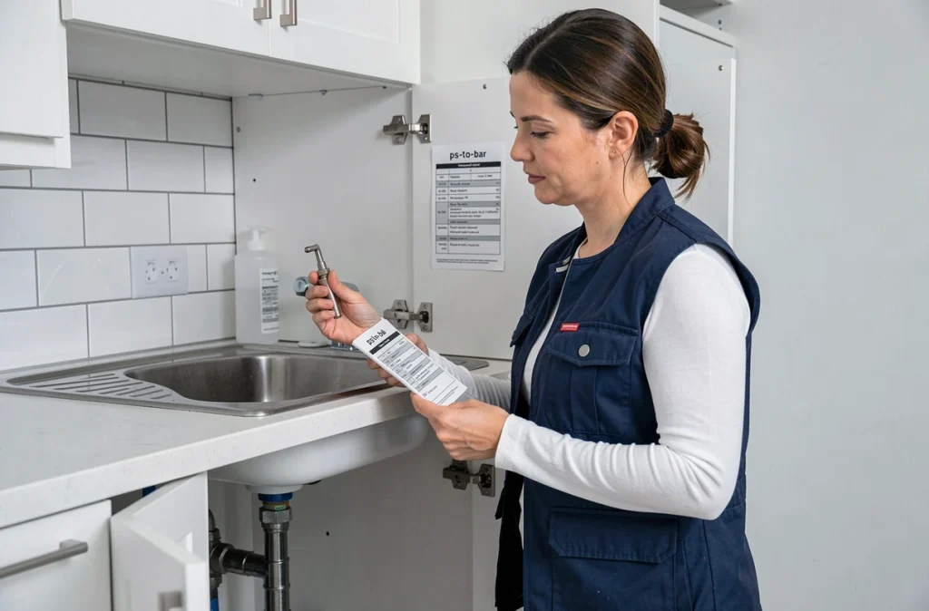 Femme bricolant sous un évier de cuisine avec un tableau de conversion psi en bar