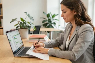 Femme au bureau marquant des dates sur un calendrier papier avec un ordinateur portable affichant un planning de projet