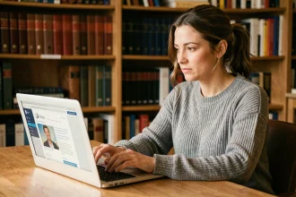 Femme consultant Wikipédia, l'encyclopédie collaborative en ligne, sur un ordinateur portable dans un bureau à domicile entouré de livres de référence
