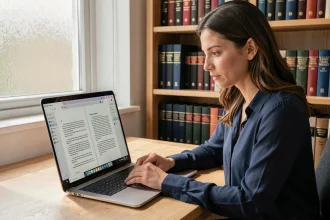 Femme utilisant un correcteur orthographique en ligne sur son ordinateur portable dans un bureau à domicile