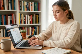 Jeune femme concentrée résolvant un jeu de mots de type Pedantix sur son ordinateur portable, assise à un bureau en bois avec un carnet de notes