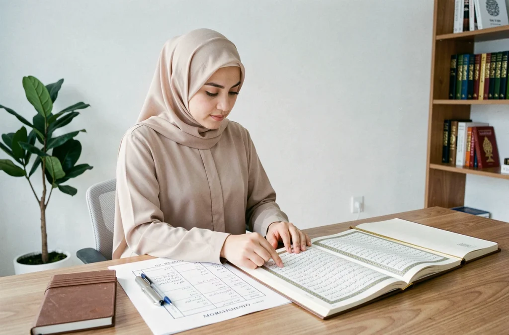 Femme musulmane voilée révisant les 30 juz du Coran avec un tableau de révision et un cahier de notes en arabe sur un bureau en bois