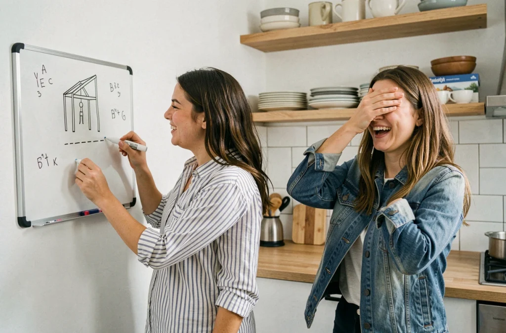 Deux femmes jouant au pendu sur un tableau blanc dans une cuisine moderne, riant face à un mot impossible à deviner