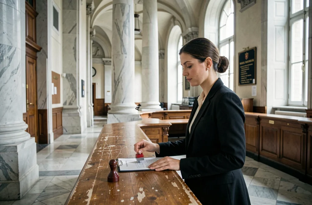 Greffière estampillant une ordonnance judiciaire dans un palais de justice français, symbolisant la procédure d'injonction de payer et le droit civil