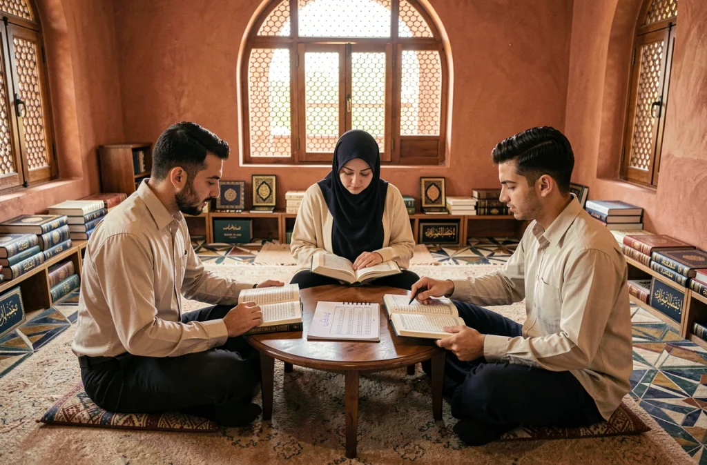 Groupe d'étudiants musulmans en cercle d'étude révisant ensemble la liste des 30 juz du Coran dans une salle de classe de mosquée traditionnelle