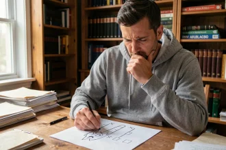 Homme concentré jouant au jeu du pendu avec des mots difficiles sur une feuille de papier posée sur un bureau en bois