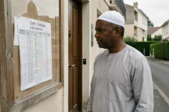 Homme consultant les horaires de prière affichés à l'entrée d'une mosquée de Livry-Gargan
