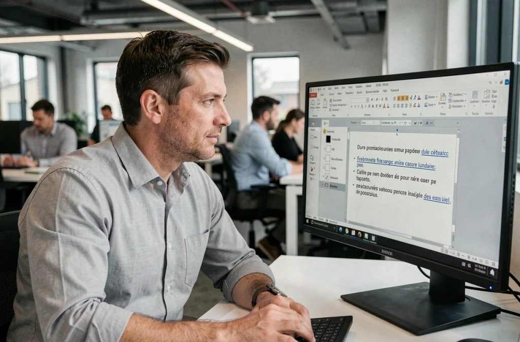Homme comparant des logiciels de correction orthographique sur un grand écran dans un bureau professionnel