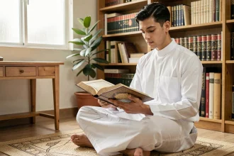 Jeune homme musulman lisant le Coran ouvert sur un tapis de prière, dans un bureau islamique décoré avec des étagères de livres arabes