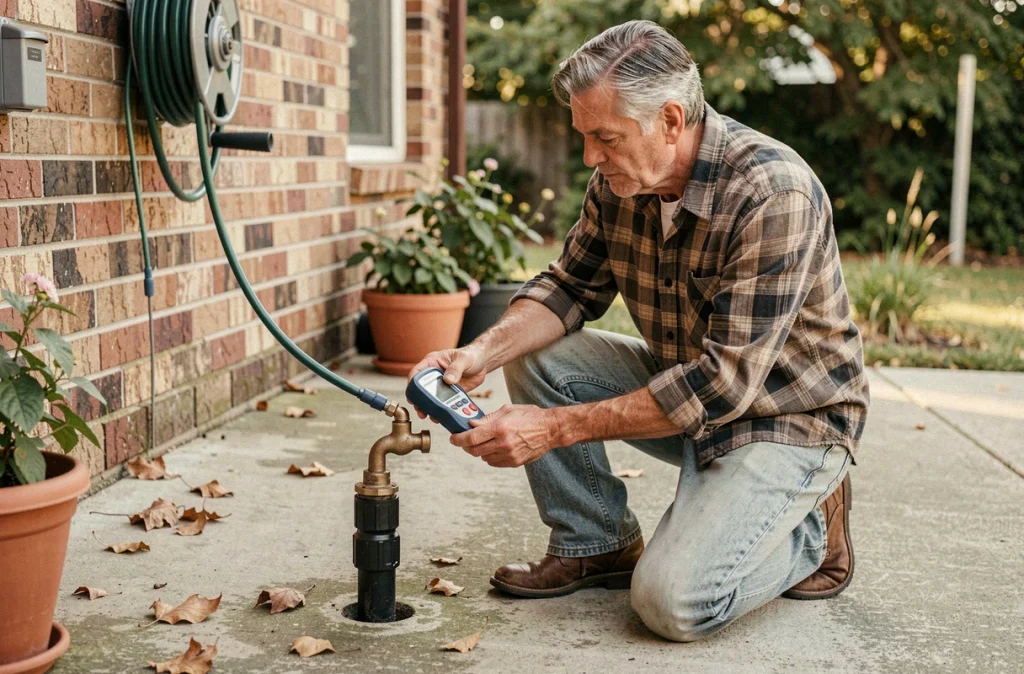 Homme vérifiant la pression d'eau d'un système d'irrigation extérieur avec un manomètre numérique
