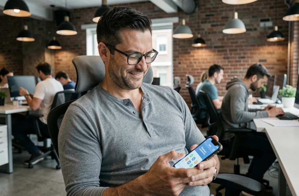 Homme souriant consultant la solution du jour d'un jeu de mots Pedantix sur son smartphone dans un espace de coworking moderne