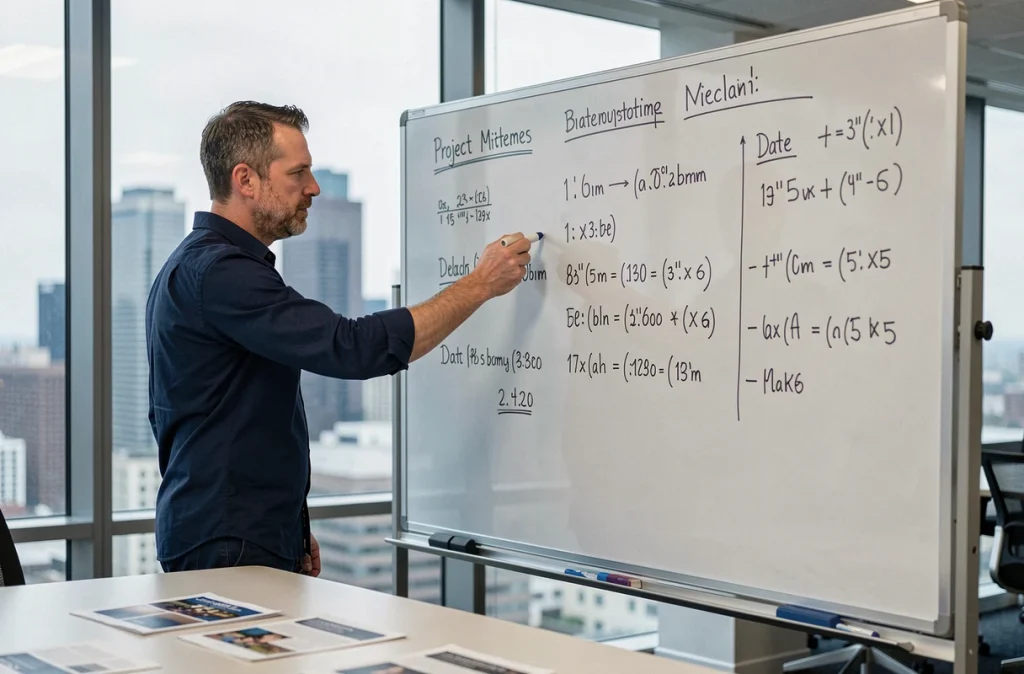 Homme debout devant un tableau blanc avec des jalons de projet et des calculs de délais écrits à la main en salle de réunion