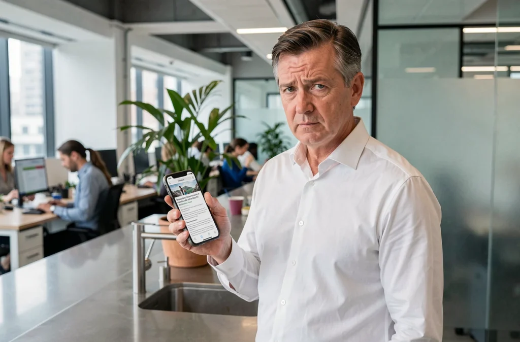 Homme en bureau vérifiant une information sur Wikipedia, encyclopédie collaborative en ligne, depuis son smartphone en espace de travail moderne