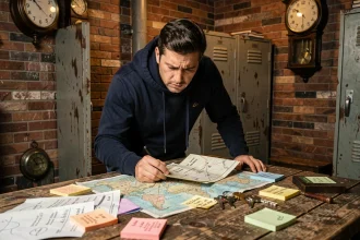 Joueur adulte concentré résolvant des énigmes dans une salle d'évasion avec des indices et des cartes sur une table en bois