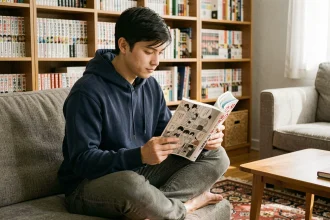 Jeune homme lisant un manga One Piece dans un salon cosy entouré de bibliothèques remplies de mangas