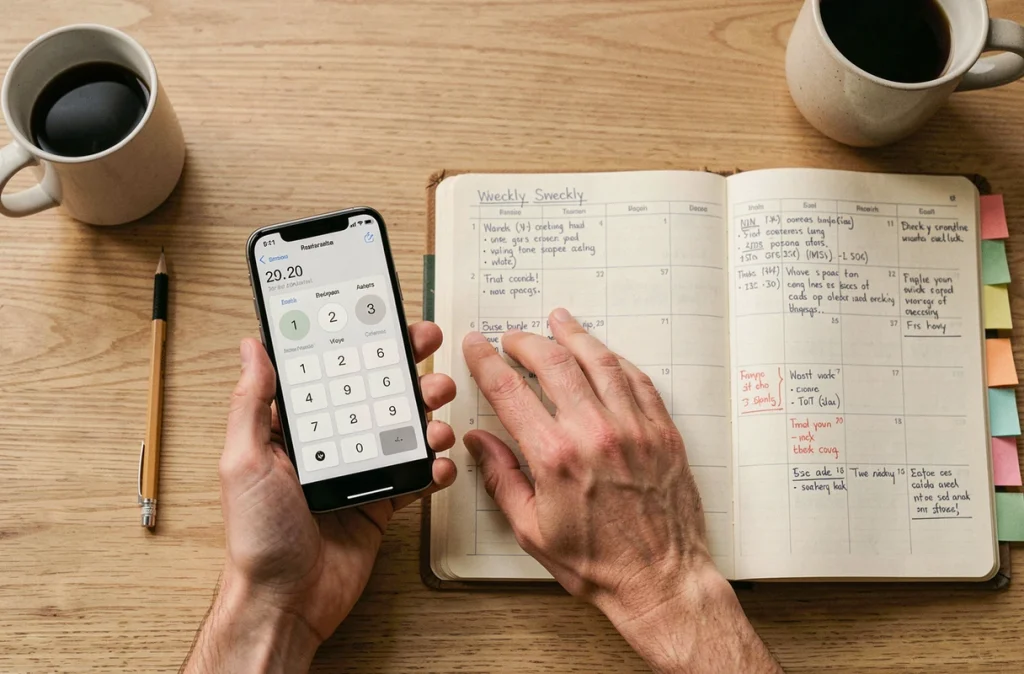 Mains utilisant un calculateur de dates sur smartphone à côté d'un agenda ouvert avec des notes manuscrites et des onglets colorés