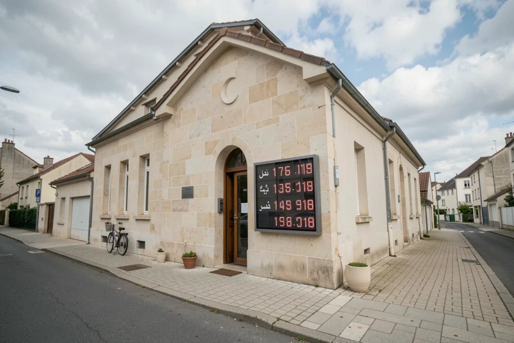 Façade d'une mosquée de Livry-Gargan avec panneau affichant les horaires de prière