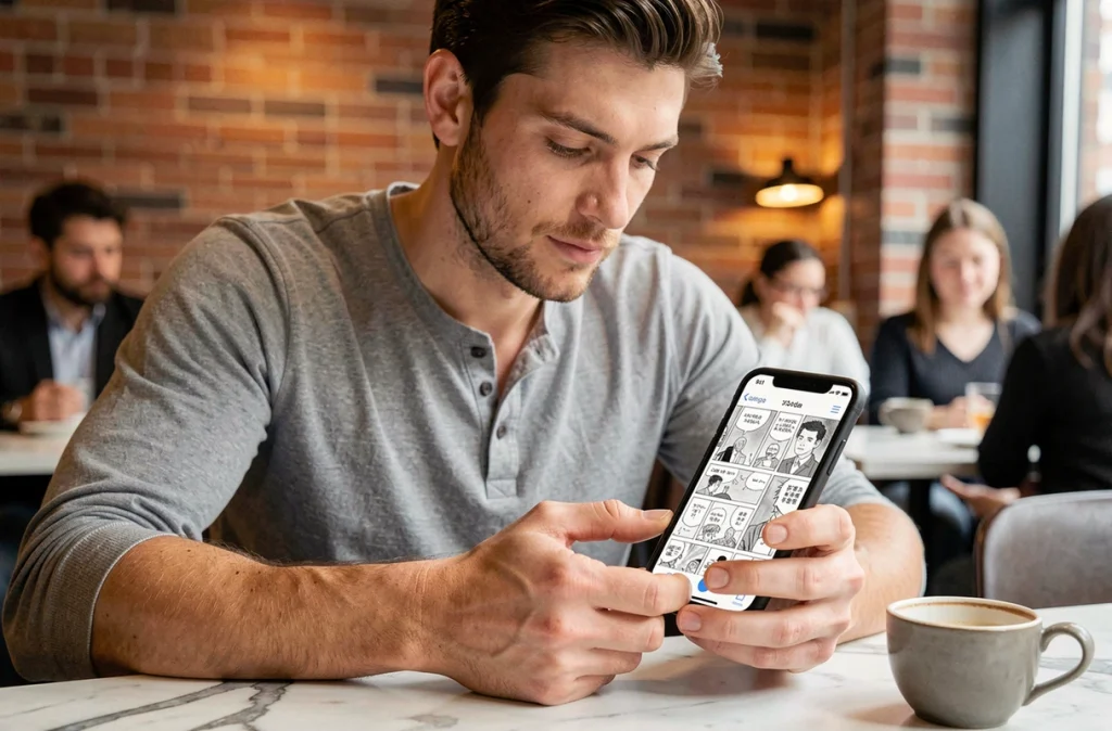 Homme lisant un scan de One Piece en version française sur smartphone dans un café urbain