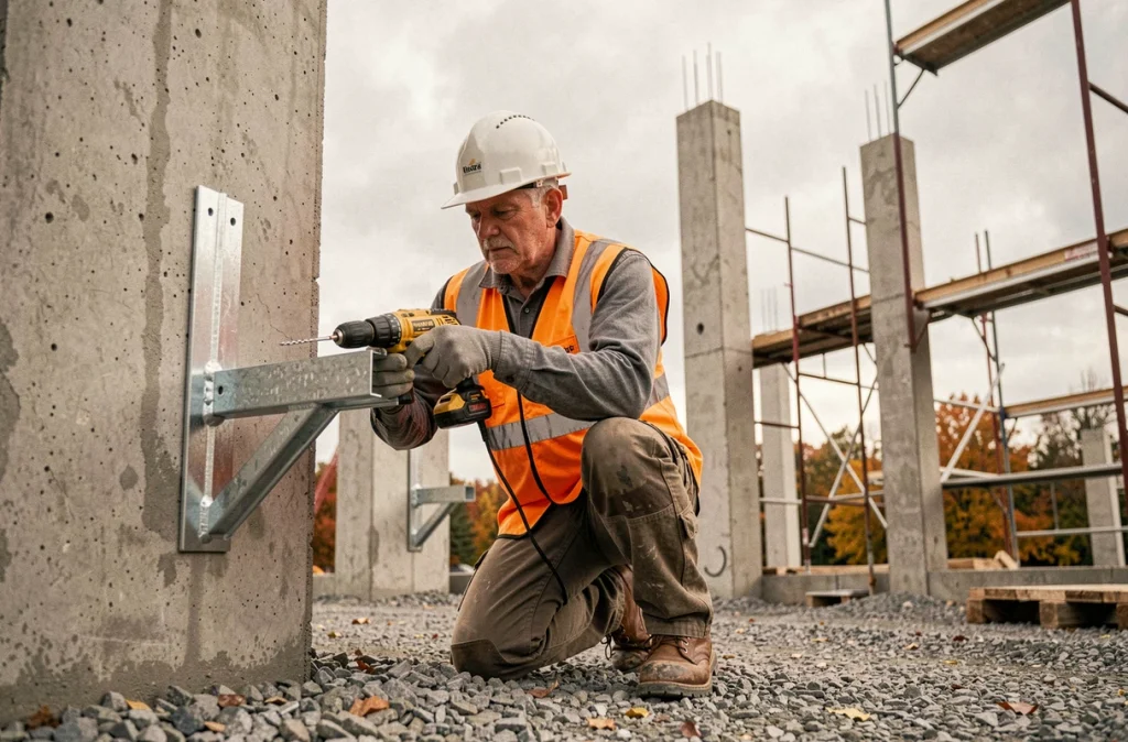 Ouvrier installant une cornière en acier galvanisé sur un chantier de construction extérieur